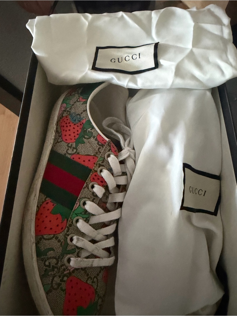 Gucci Beige Monogram Strawberry Ace Sneaker with Red & Green Web